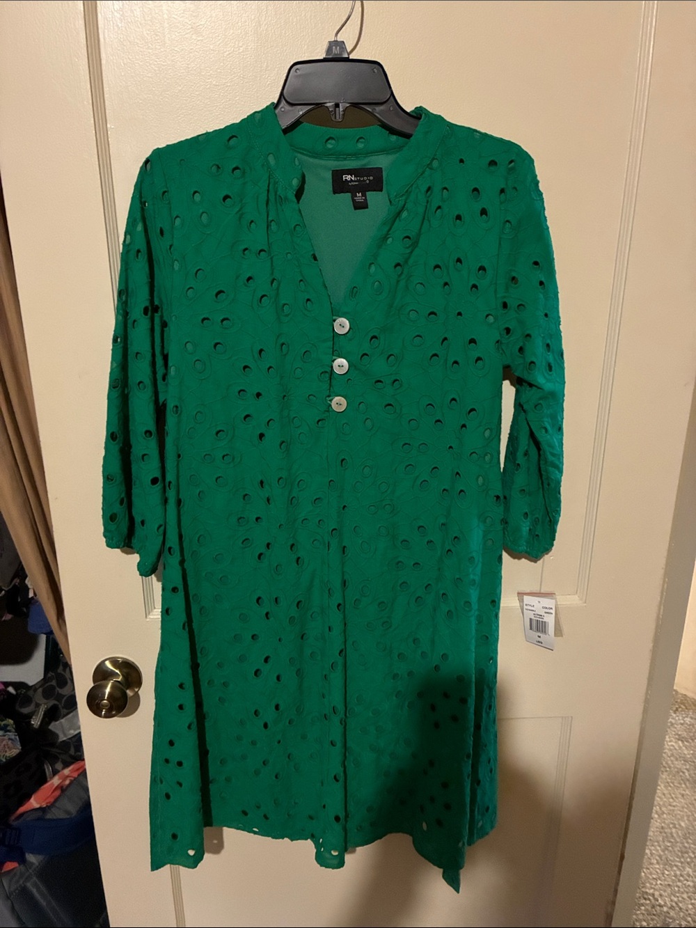 RN Studio Green Eyelet Tunic with Button Trim and Belted Waist